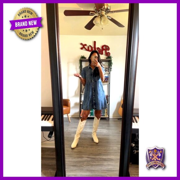 Short Sleeve Button Down Flowy Tiered Babydoll Denim Dress Casual Chic - Picture 7 of 7